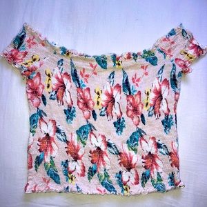 Cropped Hibiscus Pattern Off-Shoulder Top